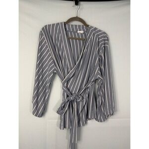 LAKE Pajamas Wrap Top Womens Medium Blue White Striped Modal Long Sleeve Tie